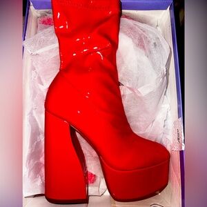Red platform chunky heel bootie